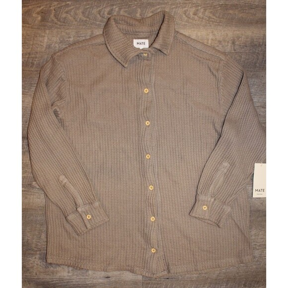 MATE THE LABEL Women’s Organic Waffle Button Up Long Sleeve Shirt BRK Brown - Picture 4 of 8